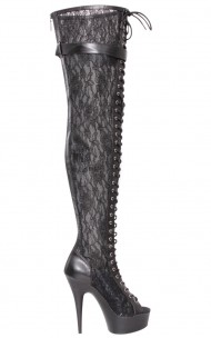 Pleaser - DELIGHT-3025ML Peep Toe Front Lace-up Lace Appliqued Mesh Thigh High Boot 